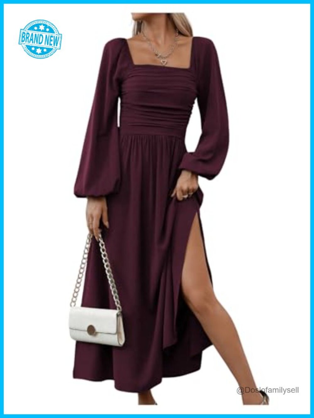 Floerns Women's Square Neck Lantern Long Sleeve Split Midi Dress